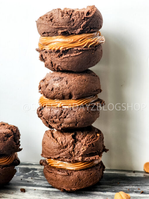 Mocha Caramel Cookie Sandwiches on Grey Wood