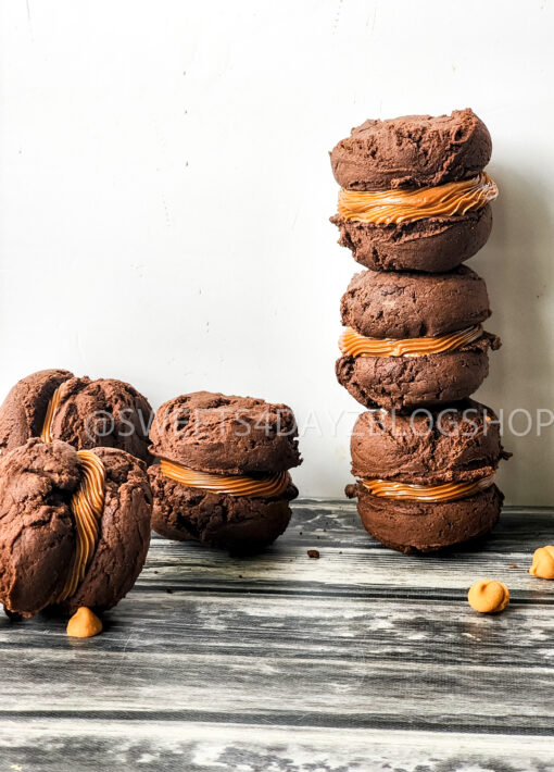 Mocha Caramel Cookie Sandwiches on Grey Wood - Image 2