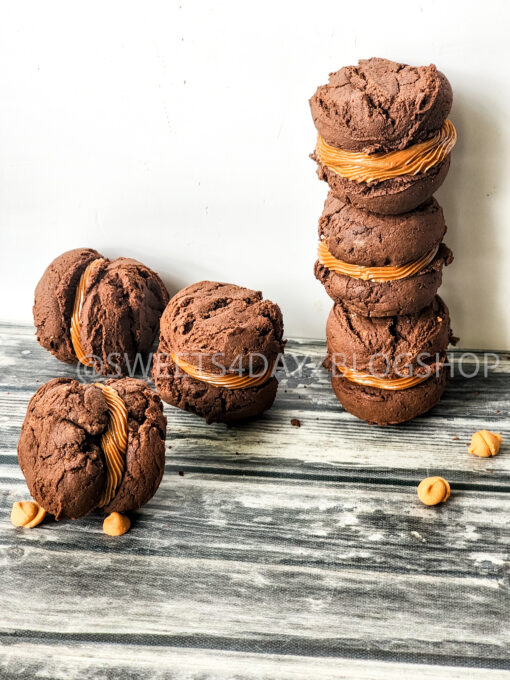 Mocha Caramel Cookie Sandwiches on Grey Wood - Image 3