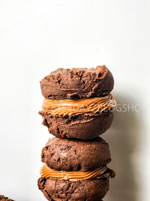 Mocha Caramel Cookie Sandwiches on Grey Wood - Image 4