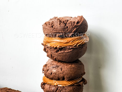 Mocha Caramel Cookie Sandwiches on Grey Wood - Image 5