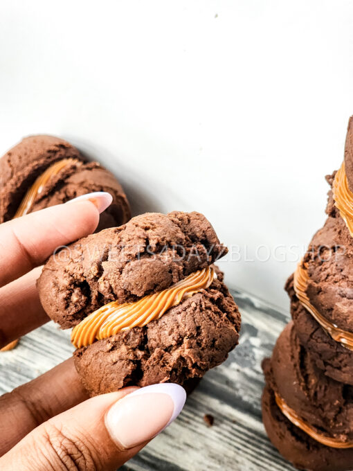 Mocha Caramel Cookie Sandwiches on Grey Wood - Image 8