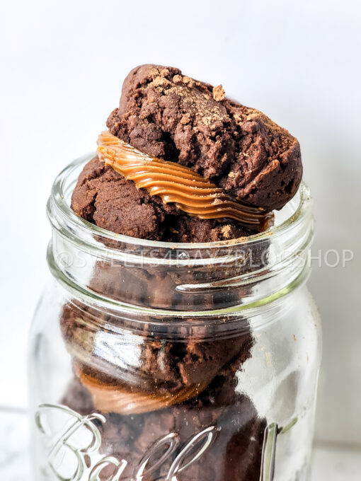 Mocha Caramel Cookie Sandwiches on Marble - Image 4