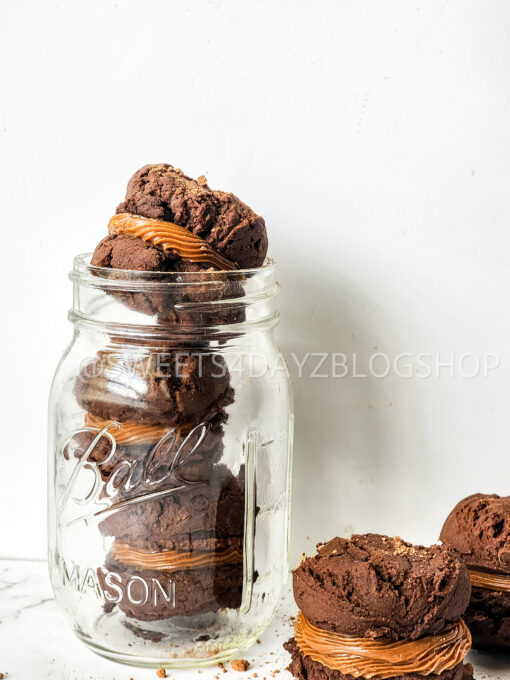 Mocha Caramel Cookie Sandwiches on Marble