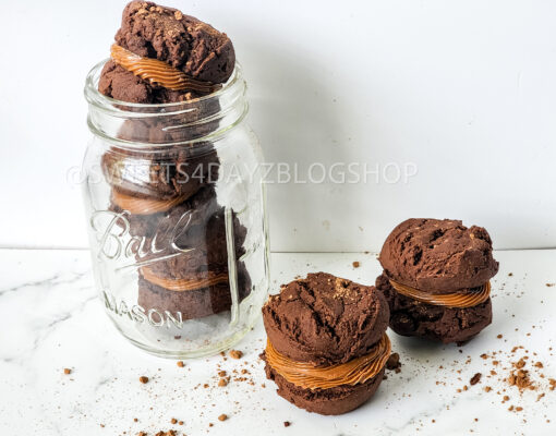Mocha Caramel Cookie Sandwiches on Marble - Image 5