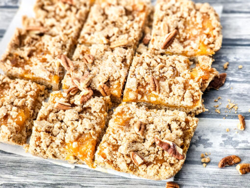 Brown Butter Crumbly Peach Bars on Grey Wood - Image 2