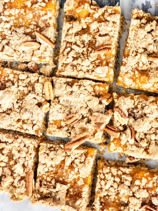 Brown Butter Crumbly Peach Bars on Grey Wood - Image 5