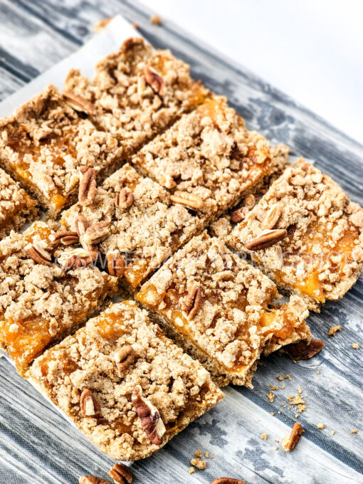 Brown Butter Crumbly Peach Bars on Grey Wood - Image 6