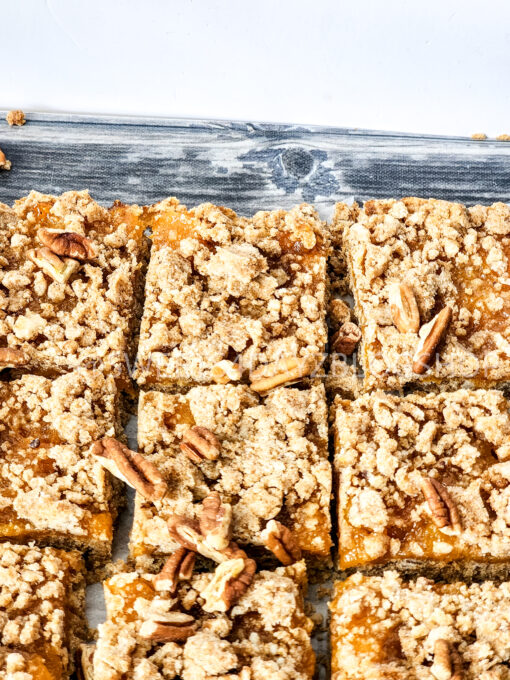 Brown Butter Crumbly Peach Bars on Grey Wood - Image 7