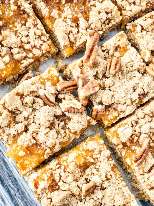 Brown Butter Crumbly Peach Bars on Grey Wood - Image 8