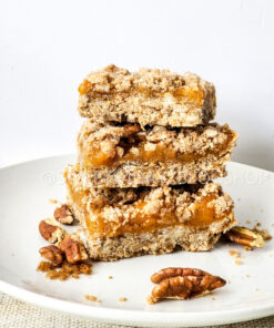 Brown Butter Crumbly Peach Bars on Linen