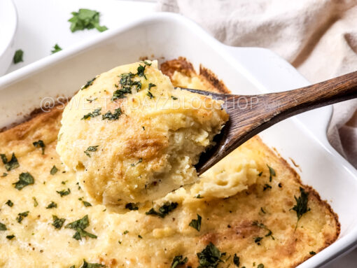 Cheesy Baked Mashed Potatoes on White - Image 8