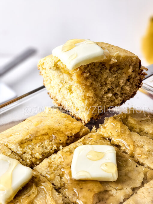 Homemade Honey Butter Cornbread on White