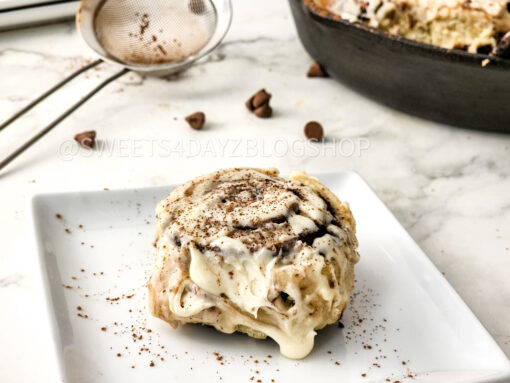 Cast Iron Chocolate Caramel Cinnamon Rolls on Marble - Image 7