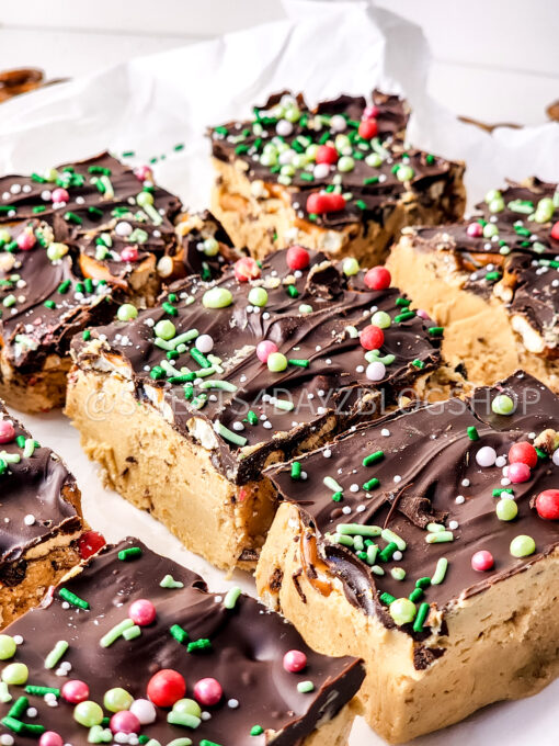 No Bake Pb & Choc Pretzel Holiday Bars on White - Image 3