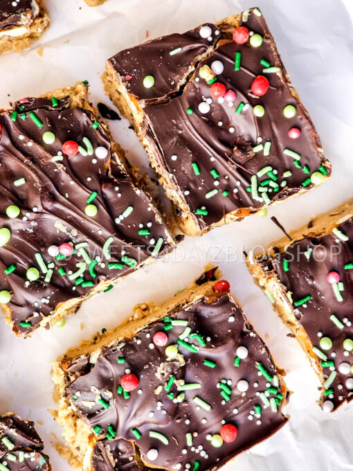 No Bake Pb & Choc Pretzel Holiday Bars on White - Image 5