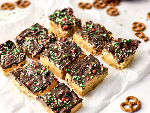 No Bake Pb & Choc Pretzel Holiday Bars on White - Image 6