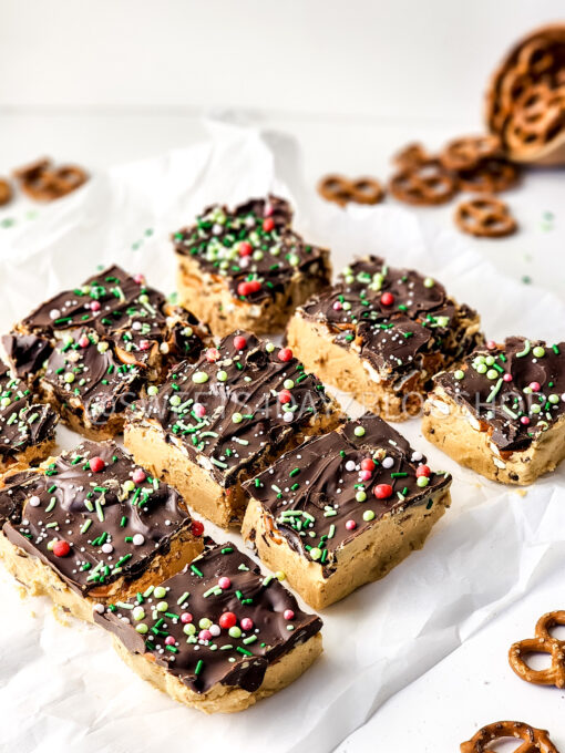 No Bake Pb & Choc Pretzel Holiday Bars on White - Image 7