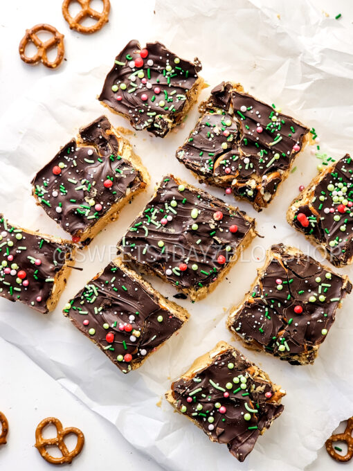 No Bake Pb & Choc Pretzel Holiday Bars on White - Image 8