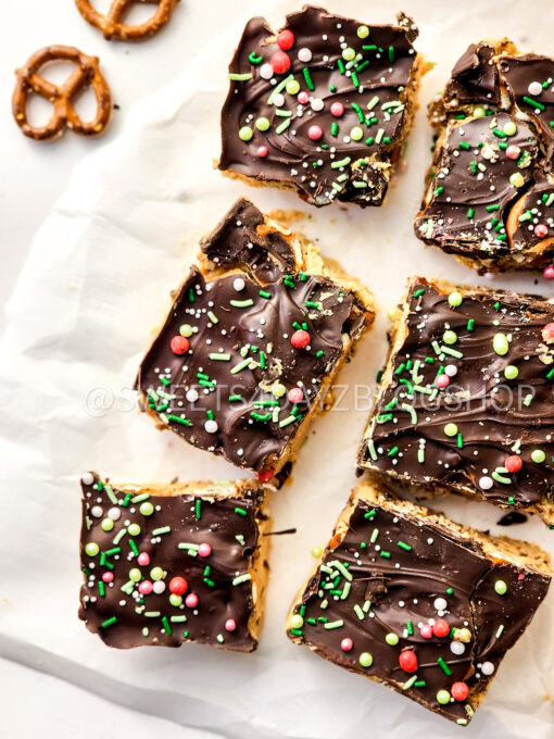 No Bake Pb & Choc Pretzel Holiday Bars on White - Image 9