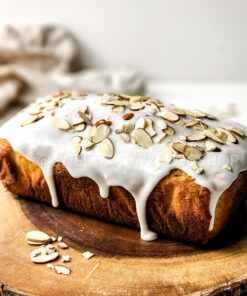 Almond Glazed Loaf Cake on White