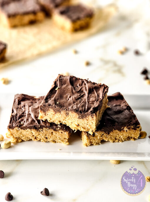 Peanut Butter Chocolate Rice Krispy Treats on Gold Marble - Image 4