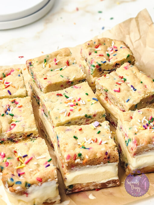 Funfetti Cookie Ice Cream Sandwiches on Gold Marble - Image 9