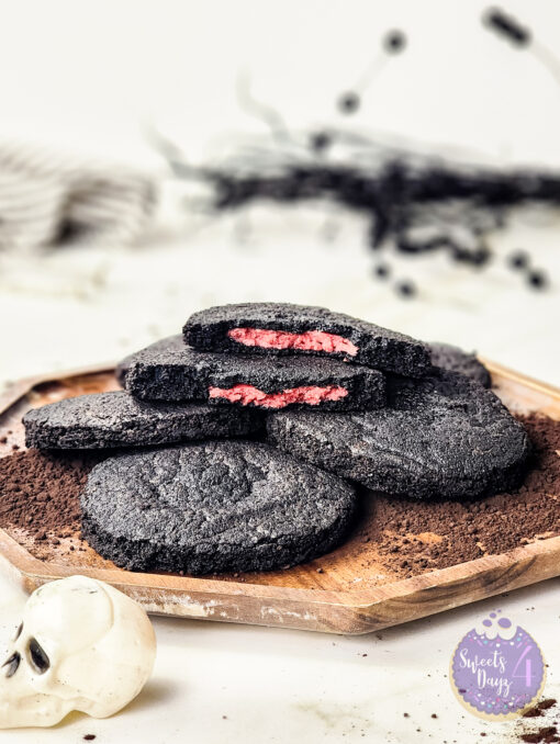 Black Velvet Raspberry Stuffed Cookies on Gold Marble