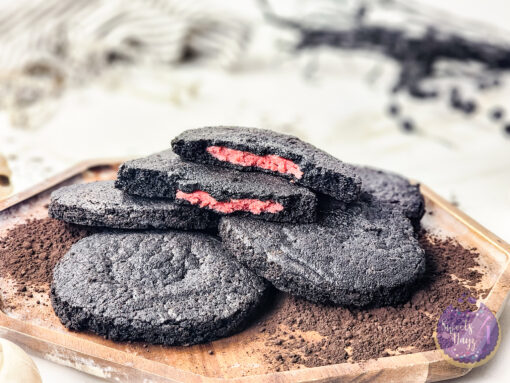 Black Velvet Raspberry Stuffed Cookies on Gold Marble - Image 2