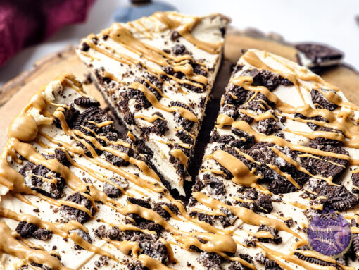 No Bake Peanut Butter Oreo Cheesecake on White - Image 4