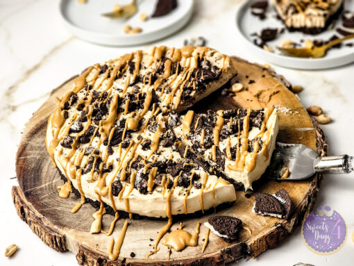 No Bake Peanut Butter Oreo Cheesecake on Gold Marble - Image 2