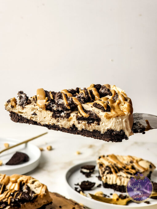 No Bake Peanut Butter Oreo Cheesecake on Gold Marble - Image 7