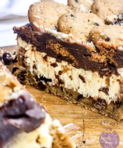Chocolate Chip Cookie Cheesecake Bars on Gold Marble