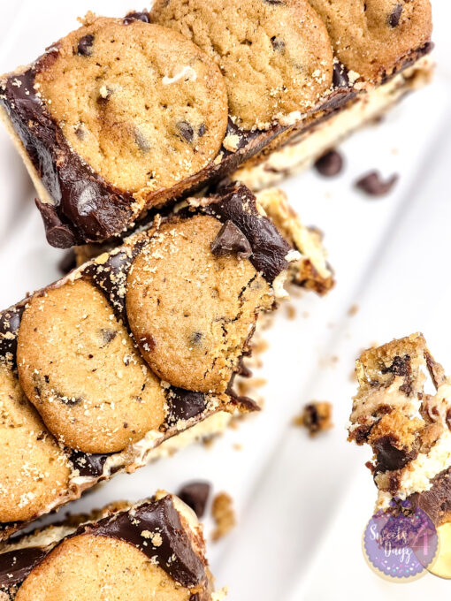 Chocolate Chip Cookie Cheesecake Bars on Marble - Image 9