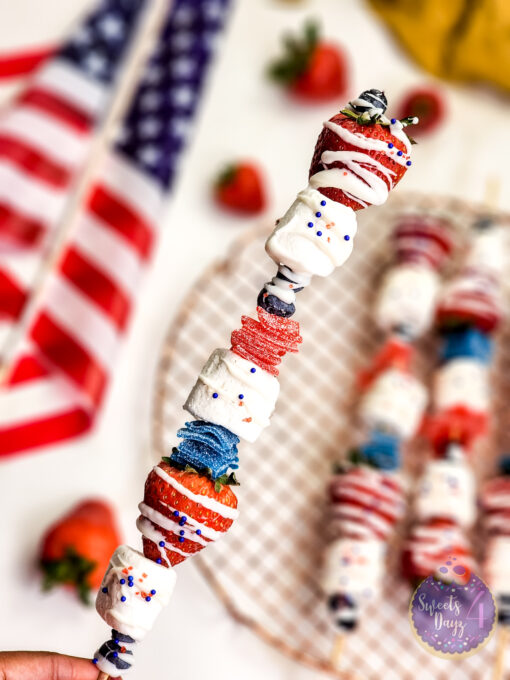 4th of July Dessert Skewers on Gold Marble