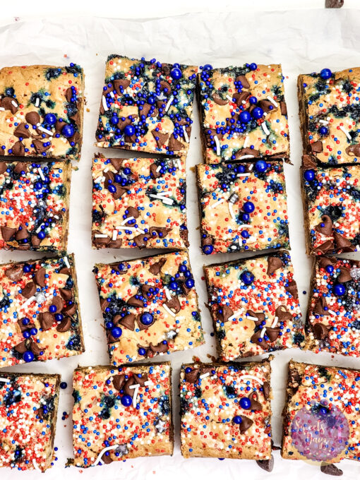 4th of July Chocolate Chip Cookie Bars on White