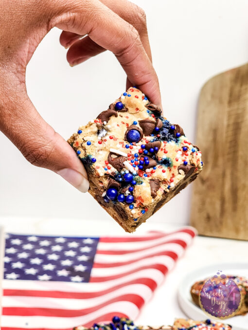 4th of July Chocolate Chip Cookie Bars on Gold Marble