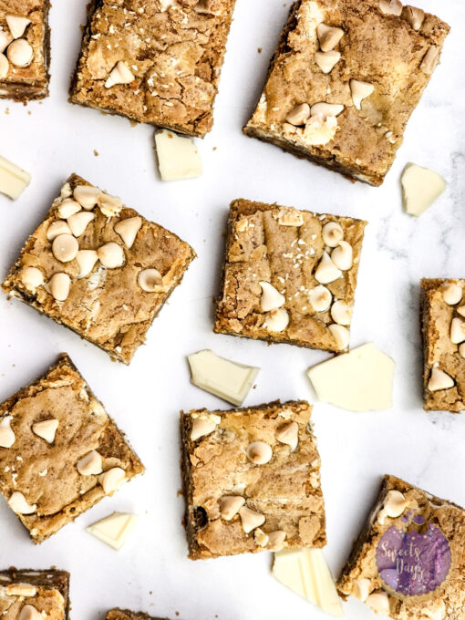 Thick White Chocolate Blondies on Marble