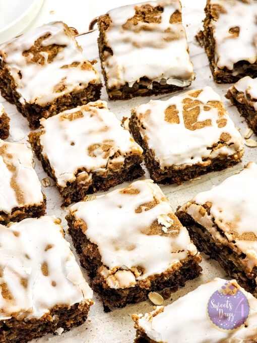 Iced Oatmeal Cookie Bars on Gold Marble - Image 8