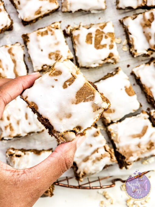Iced Oatmeal Cookie Bars on Gold Marble - Image 9