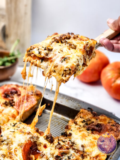 Sheet Pan Pizza on Marble