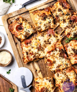 Sheet Pan Pizza on Gold Marble