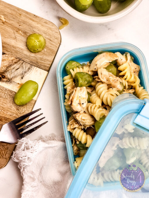 Chicken Grape Poppyseed Pasta Salad on Marble