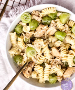 Chicken Grape Poppyseed Pasta Salad on Gold Marble