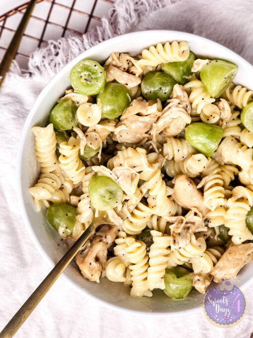 Chicken Grape Poppyseed Pasta Salad on Gold Marble