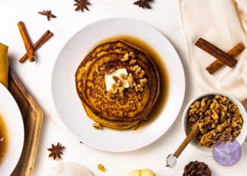 Pumpkin Spice Buttermilk Pancakes on Gold Marble - Image 9