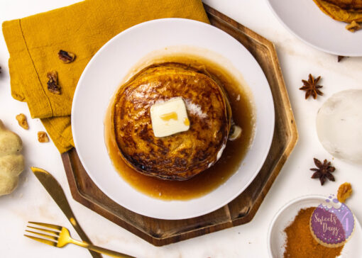 Pumpkin Spice Buttermilk Pancakes on Gold Marble - Image 10