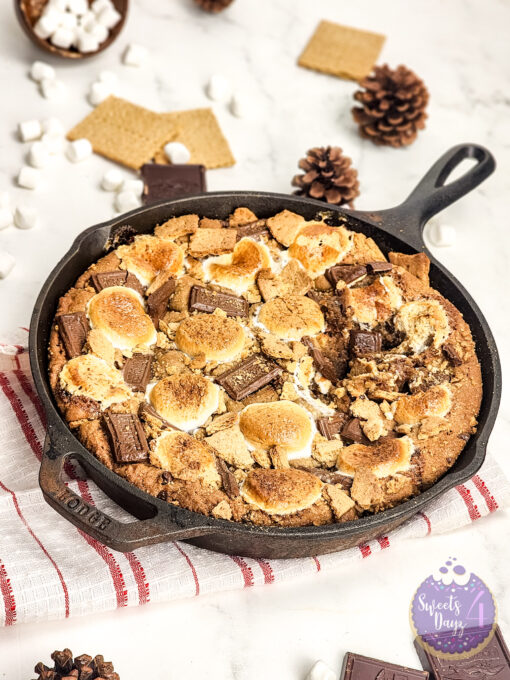 Smores Chocolate Chip Cookie Skillet on Marble