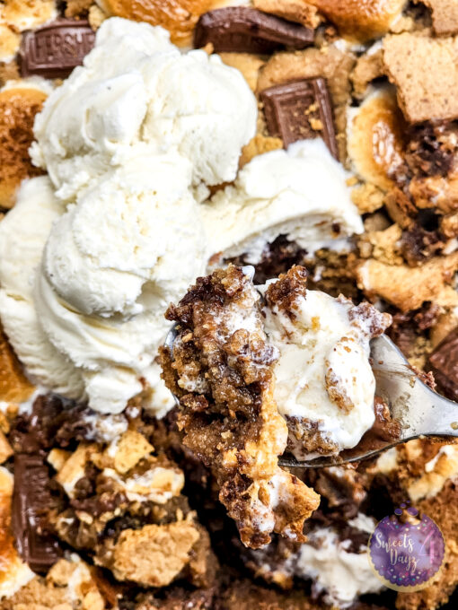 Smores Chocolate Chip Cookie Skillet on Gold Marble