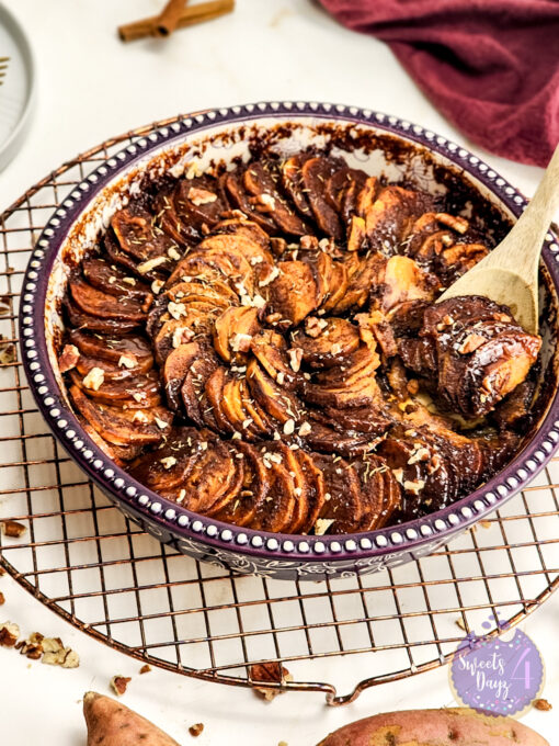 Scalloped Sweet Potatoes on Gold Marble